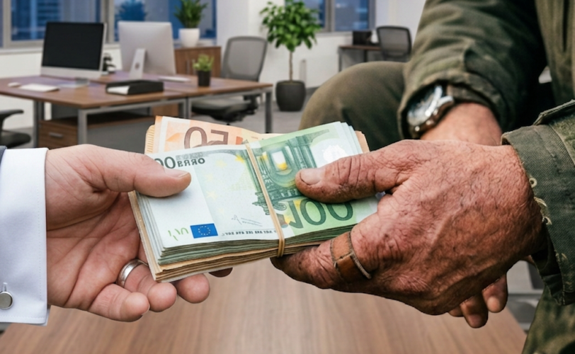 mano del cacciatore che prende soldi da una mano di un dirigente in ufficio