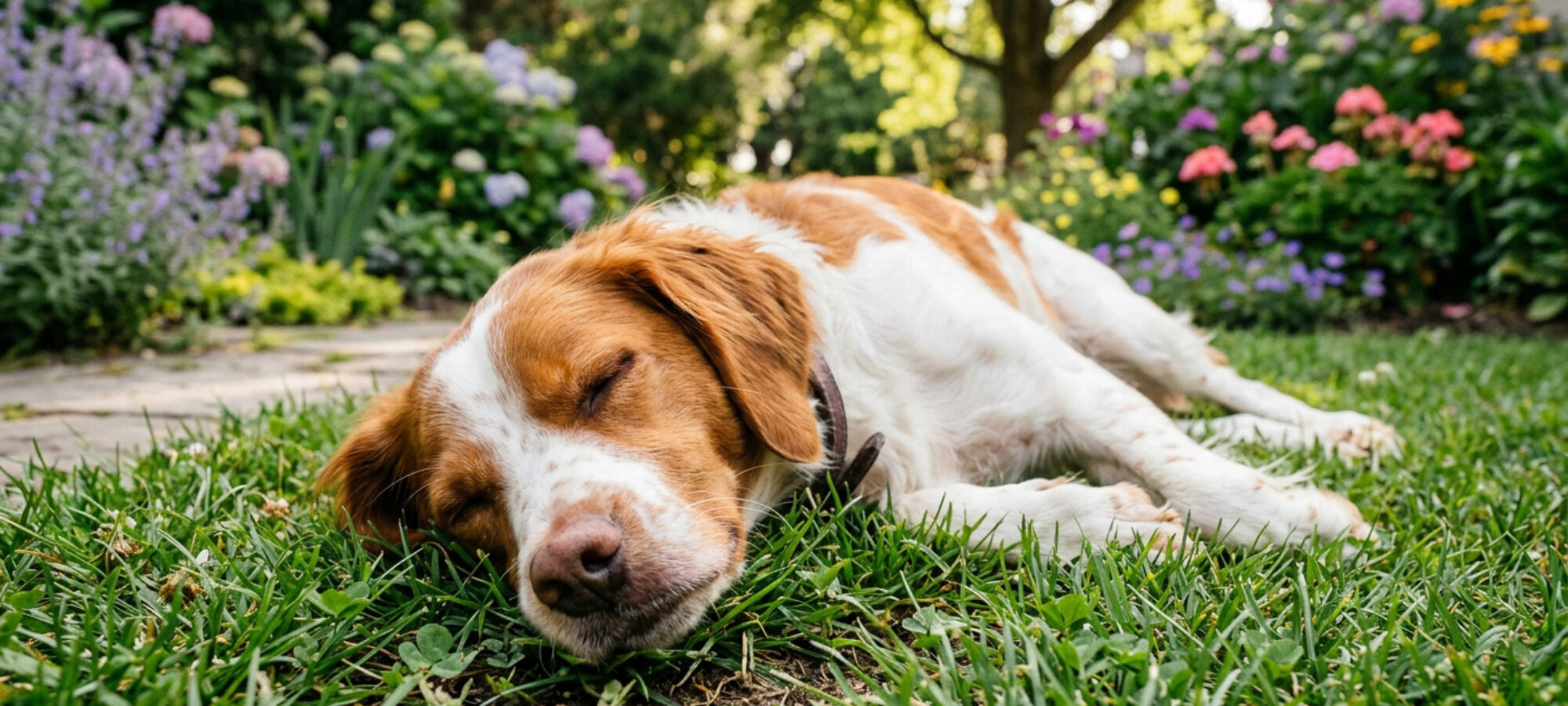 1772524588985 Firefly Gemini Flash Crea foto di un cane Breton con faccia appoggiata a terra in giardino 365909 png