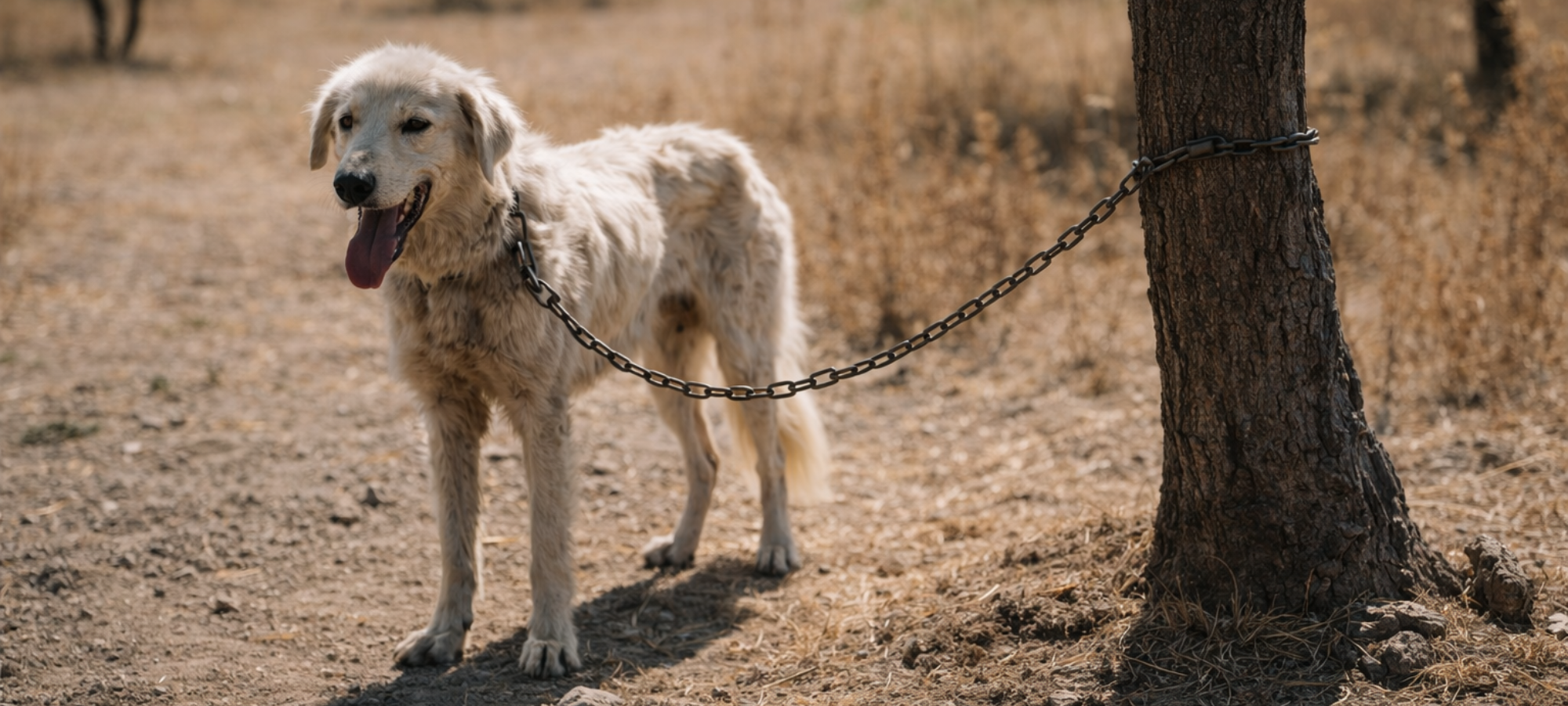 Firefly gpt image foto di un pastore maremmano magro e legato ad un albero sotto il sole 524346
