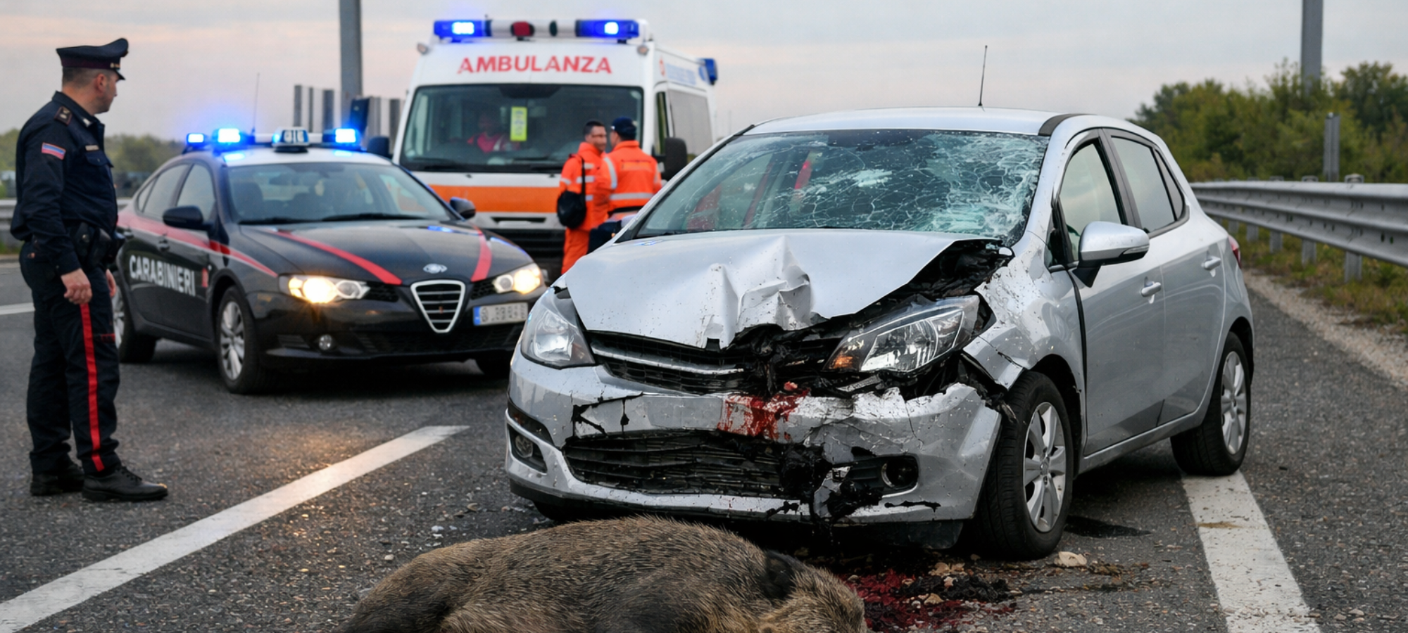 Firefly gpt image foto di un un auto che ha fatto incidente con un cinghiale in autostrada fra casalpus 129694