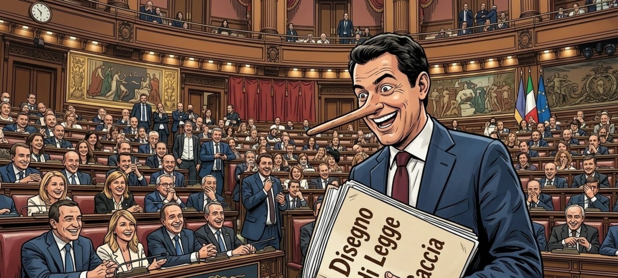 Senatore bugiardo con in mano Disegno di Legge Caccia