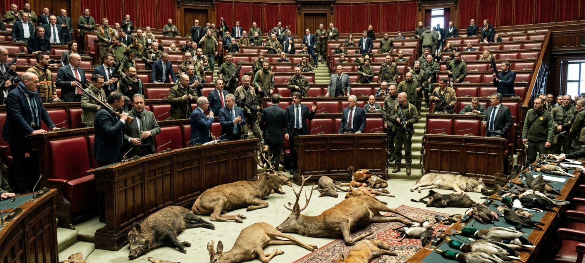 Camera del parlamento con deputati con fucili e fauna uccisa
