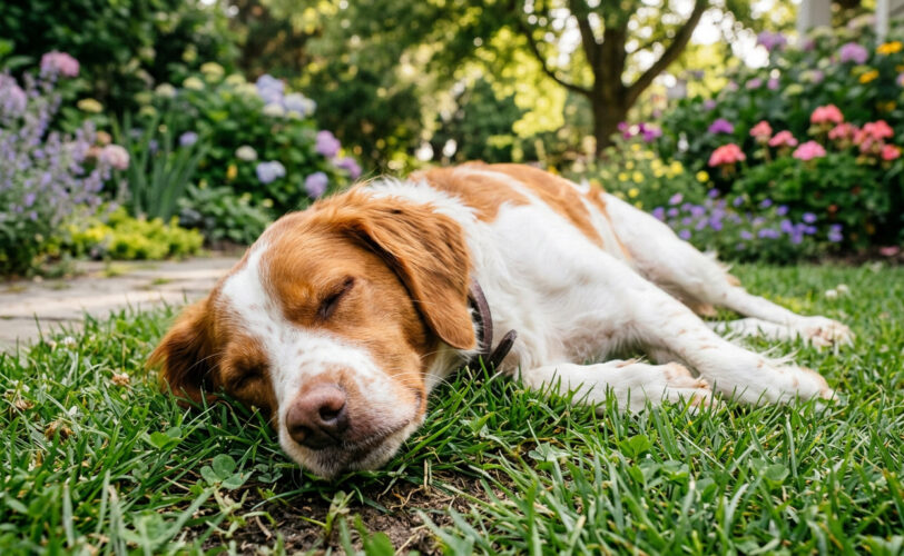 1772524588985 Firefly Gemini Flash Crea foto di un cane Breton con faccia appoggiata a terra in giardino 365909 png