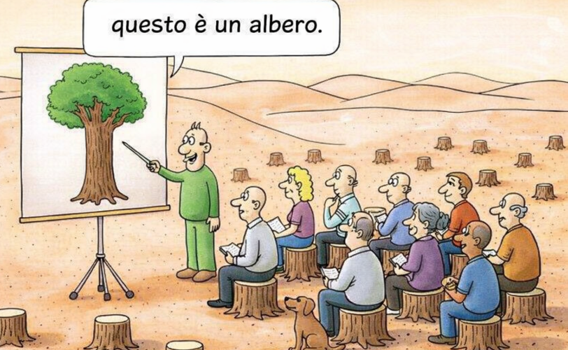 Firefly gpt image Aggiungi altri personaggi a sedere sui tronchi e fai una vignetta sopra linsegnante 798018