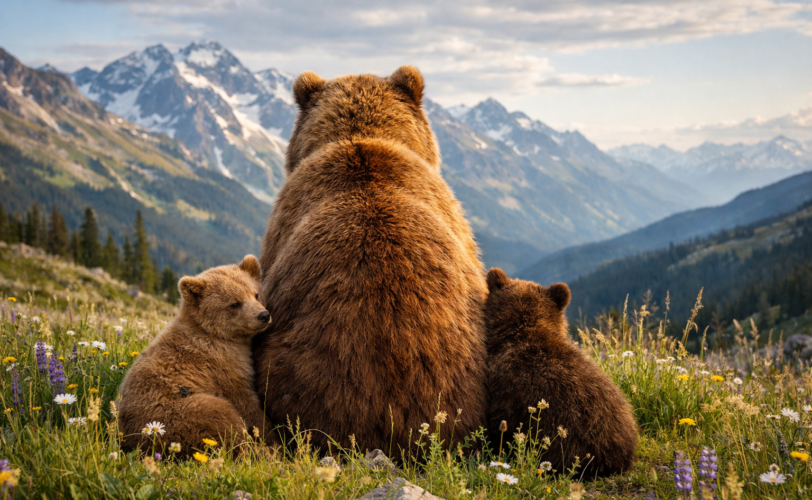 Firefly gpt image foto di orso di spalle con intorno due cuccioli entrambi nello stesso lato in una p 195507