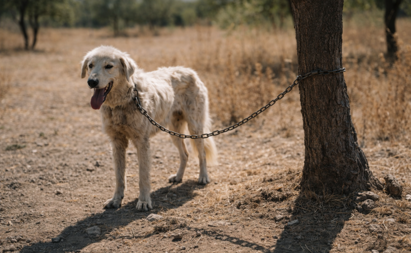 Firefly gpt image foto di un pastore maremmano magro e legato ad un albero sotto il sole 524346