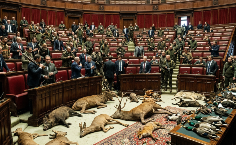 Camera del parlamento con deputati con fucili e fauna uccisa