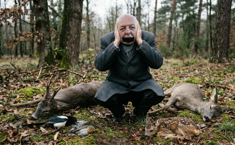 immagine AI del Ministro pichetto fratin con adesivo nero sulla bocca e mani sulle orecchie e fauna morta ai piedi
